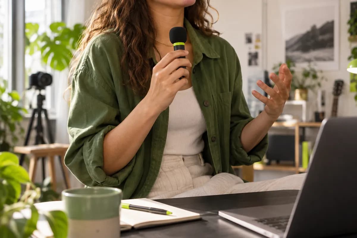 Creator cropped below the chin holding a compact microphone in a bright studio