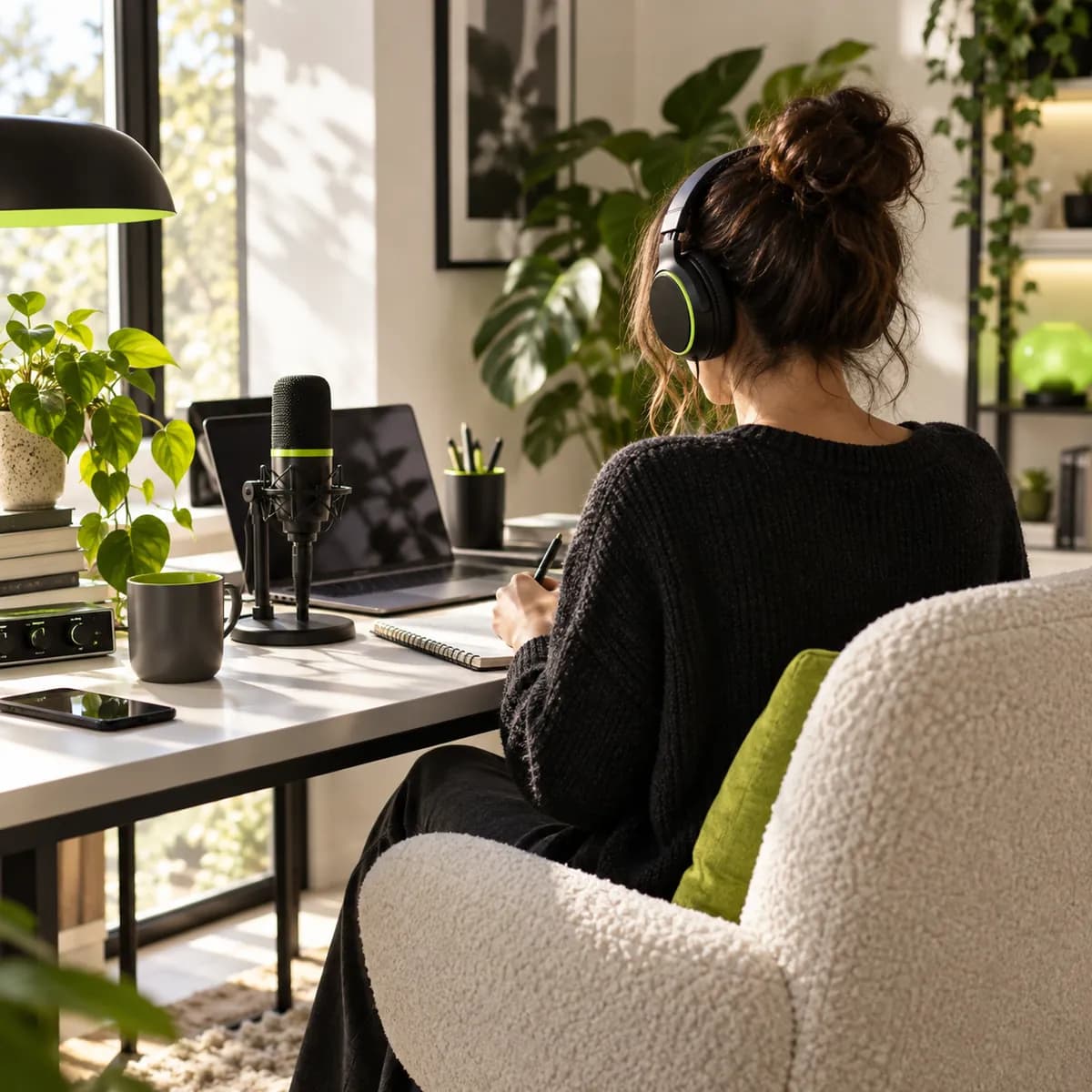 Modern creator seated at a clean audio recording workstation