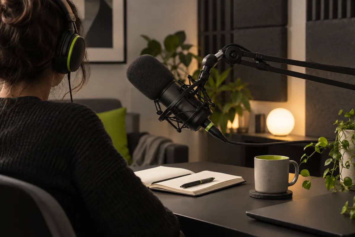 Podcast recording setup with a microphone and clean sound treatment