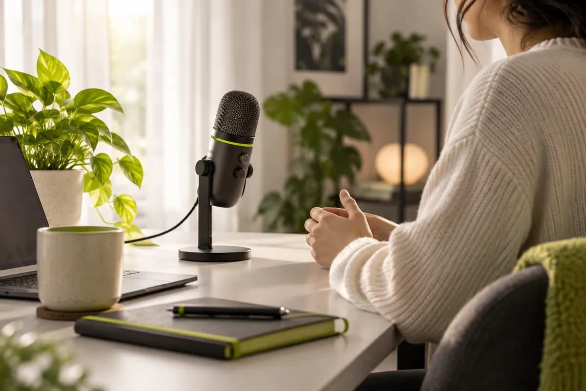 Creator speaking into a microphone in a warm home studio