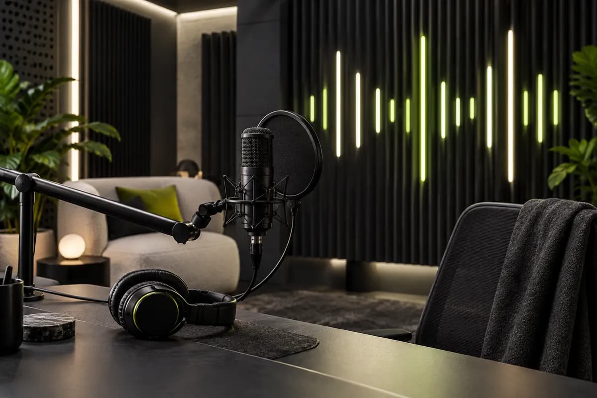 Audio equipment and waveform-inspired lighting in a modern recording room