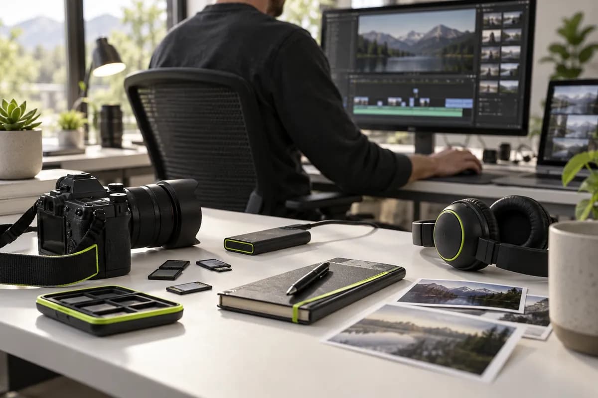 Video editing workspace with camera gear and multiple media cards
