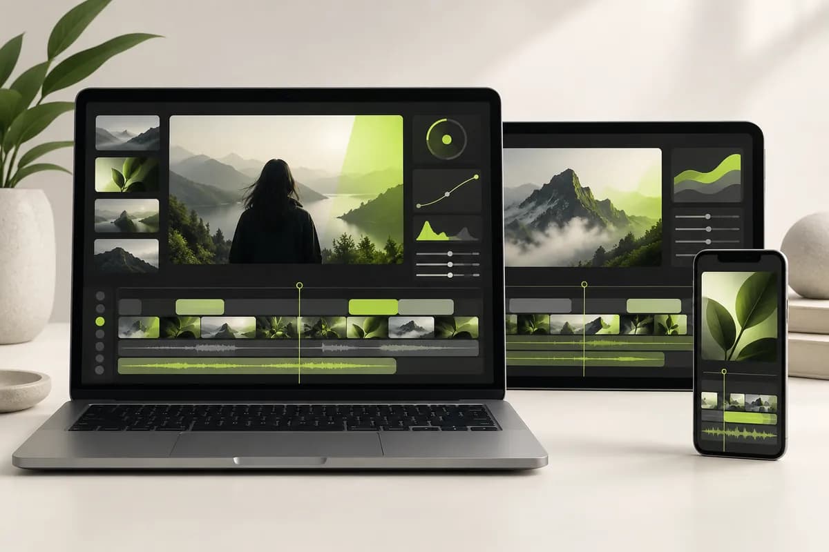 Abstract multi-device video workspace with laptop, tablet, and phone showing layered editing panels and lime accents