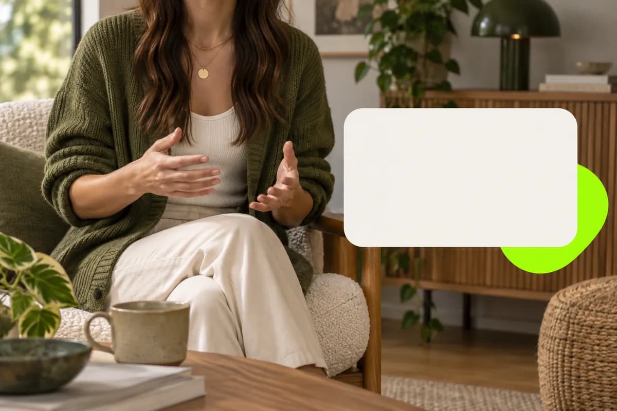 Friendly presenter cropped below the chin in a softly lit room with a video prompt card