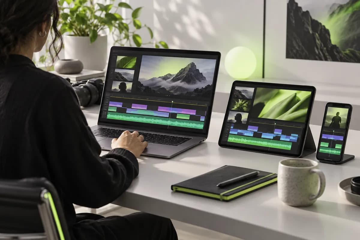 Vidione editing workspace shown across a laptop, tablet, and phone