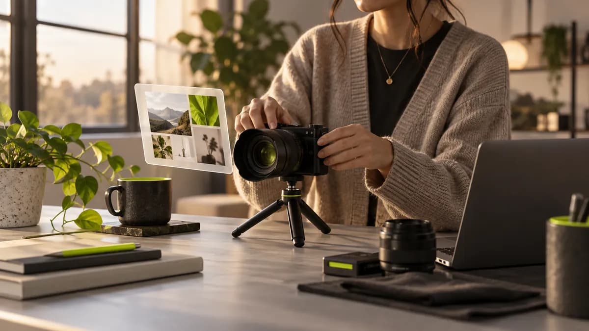 Creator preparing a natural camera presentation in a warm studio with a discreet script prompt nearby
