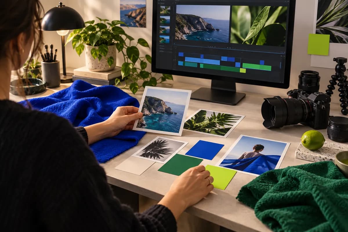 Hands arranging a colorful video concept on a creative editing desk