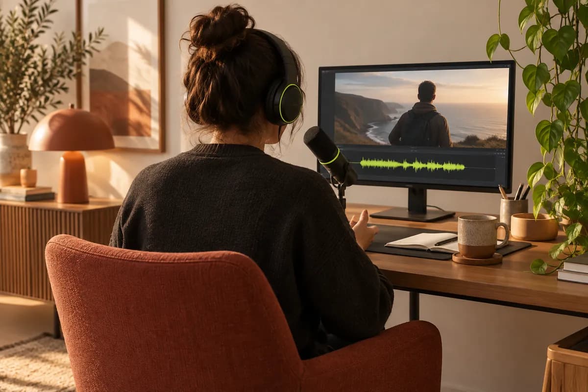 Warm editorial scene representing video dubbing and voiceover production