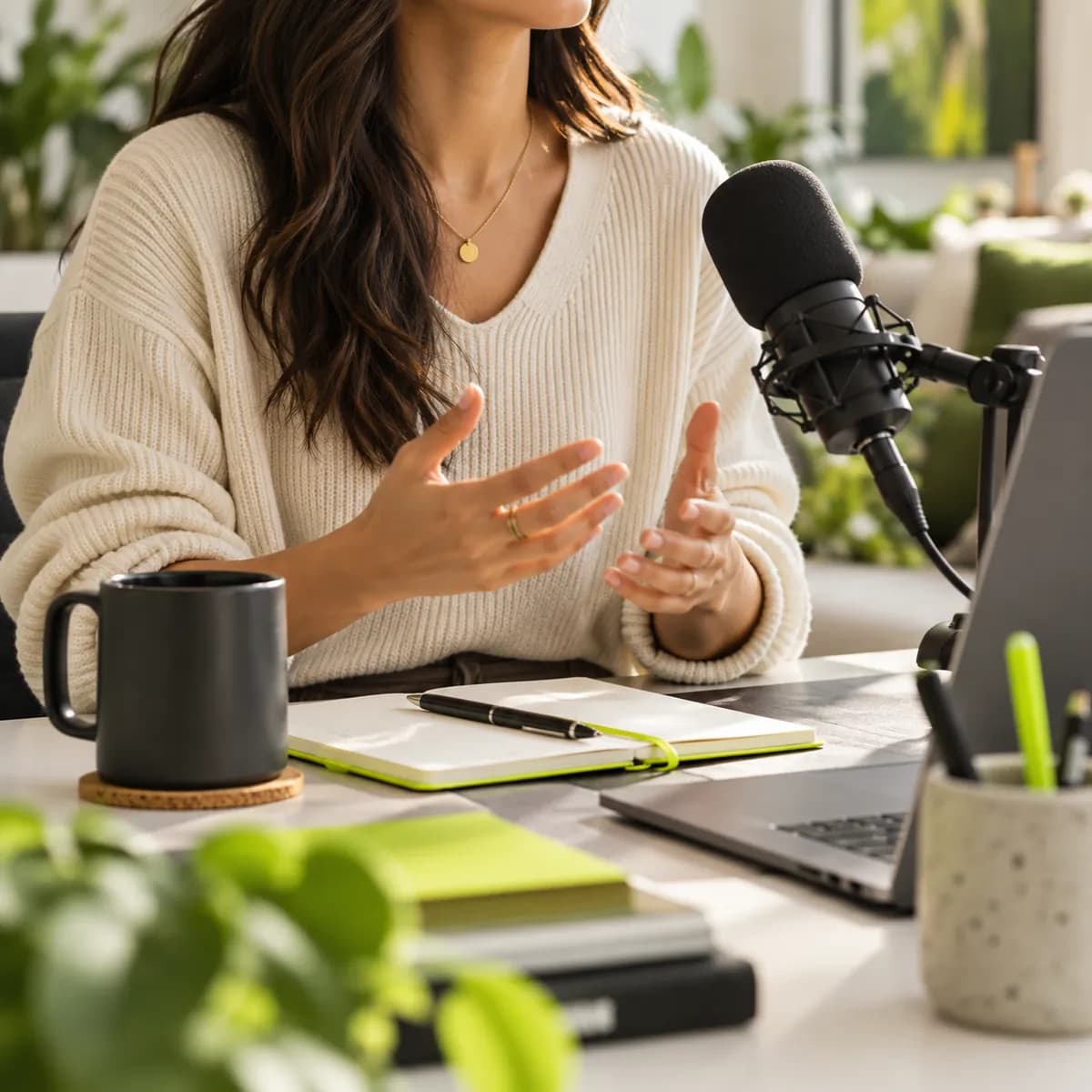 Presenter cropped below the chin beside a studio microphone in a bright neutral workspace
