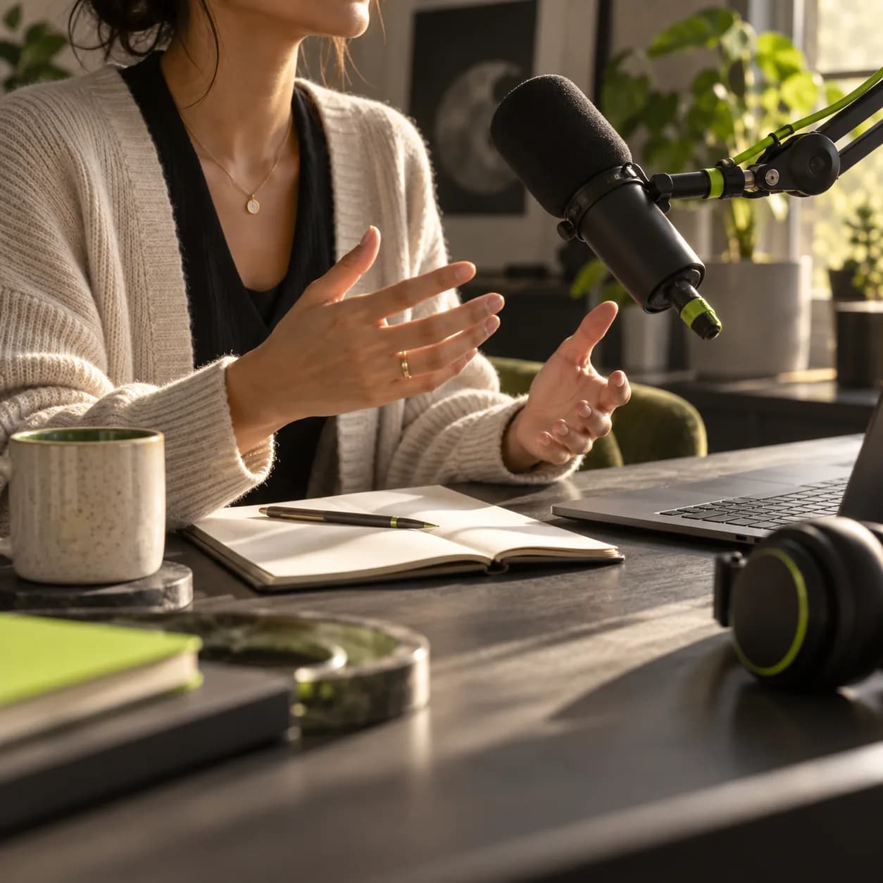 Presenter cropped below the chin beside a studio microphone in a calm neutral workspace