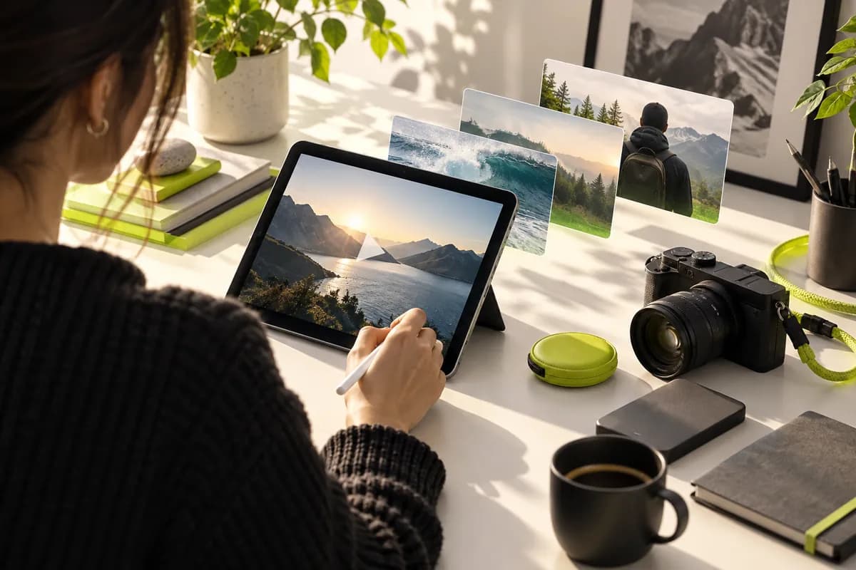 Tablet and abstract video frames arranged on a bright creative desk
