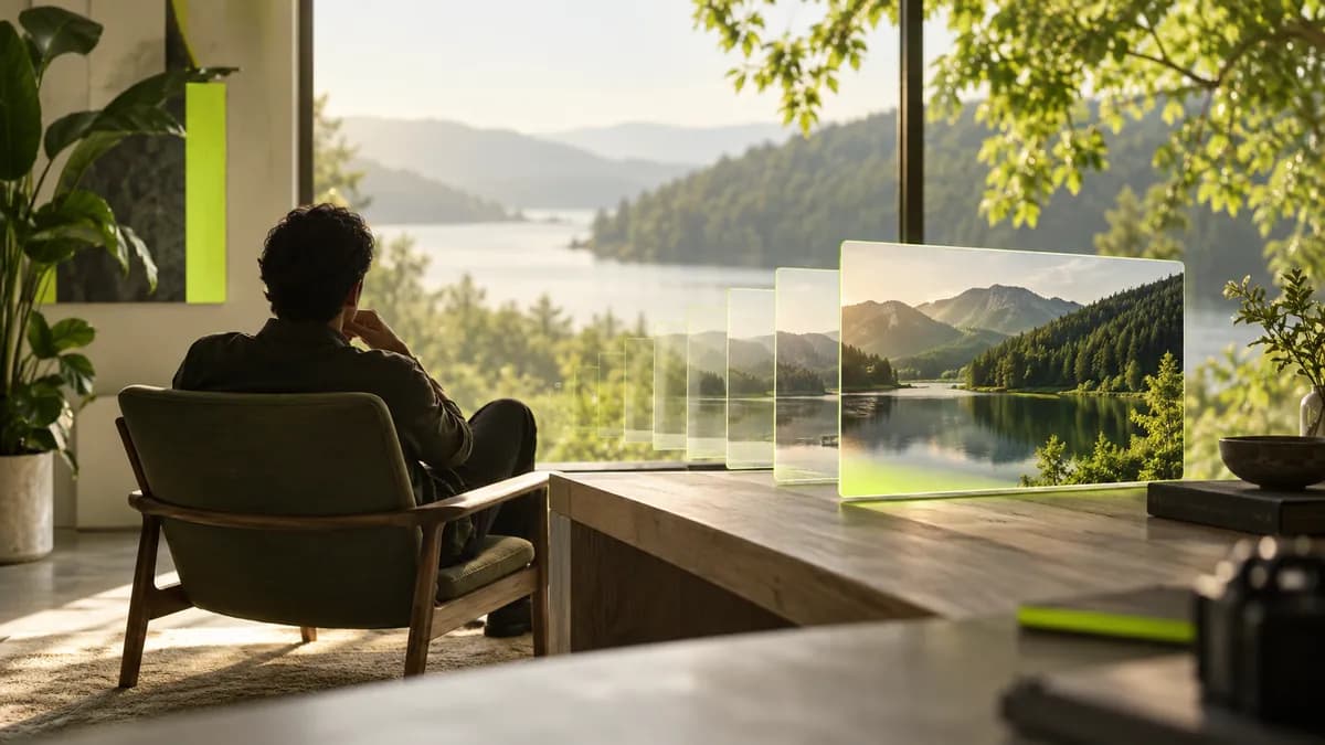 Abstract studio scene with a seated silhouette and a floating compression concept