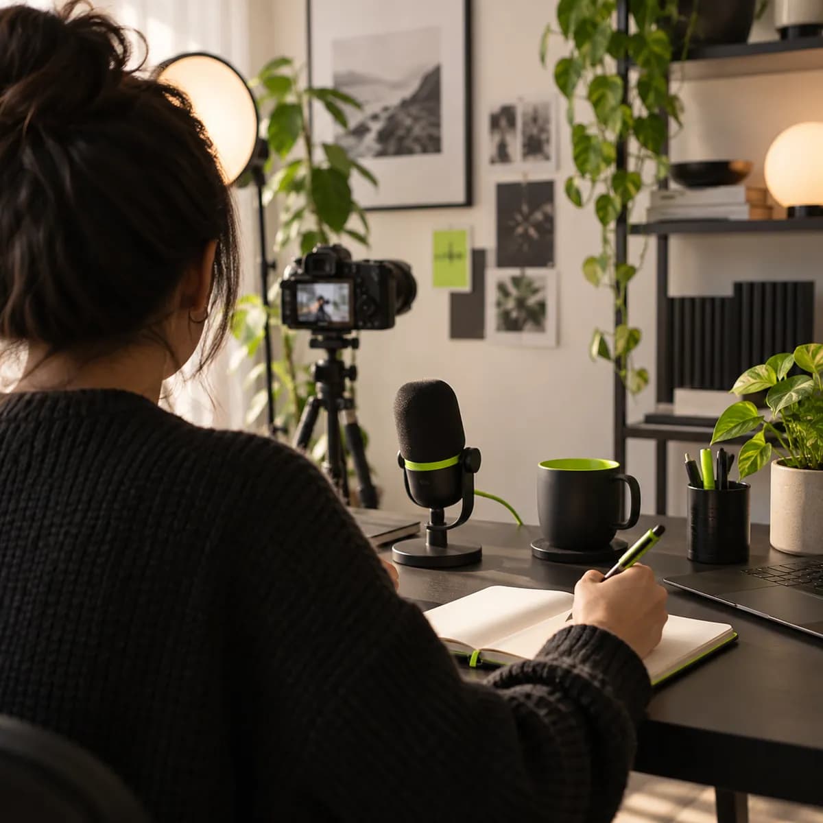 Creator workspace with microphone, notebook, and vertical video setup