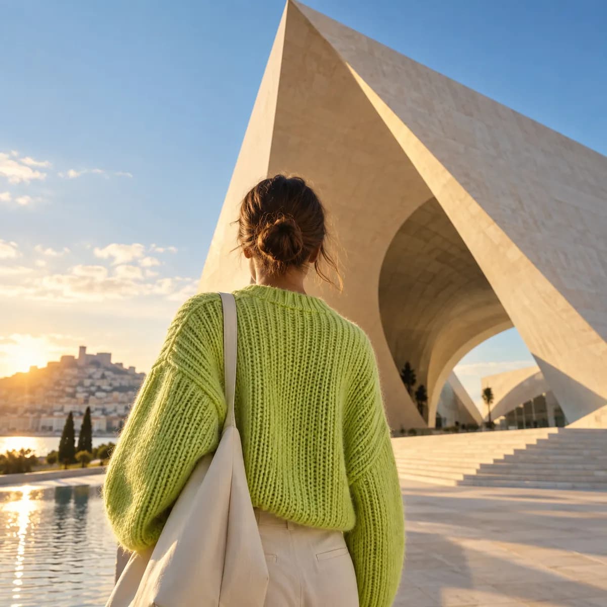 Anonymous traveler framed against a geometric architectural landmark